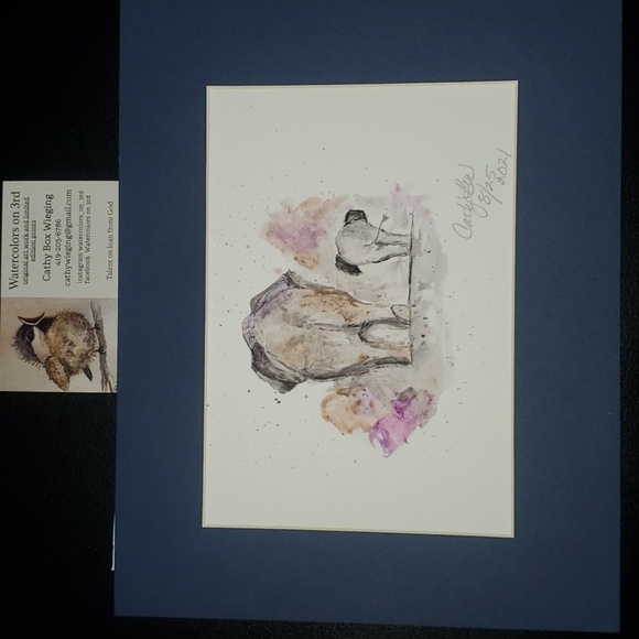 Elephant Watercolor Art in Blue Frame By Cathy Box Wieging - Picture 1 of 4